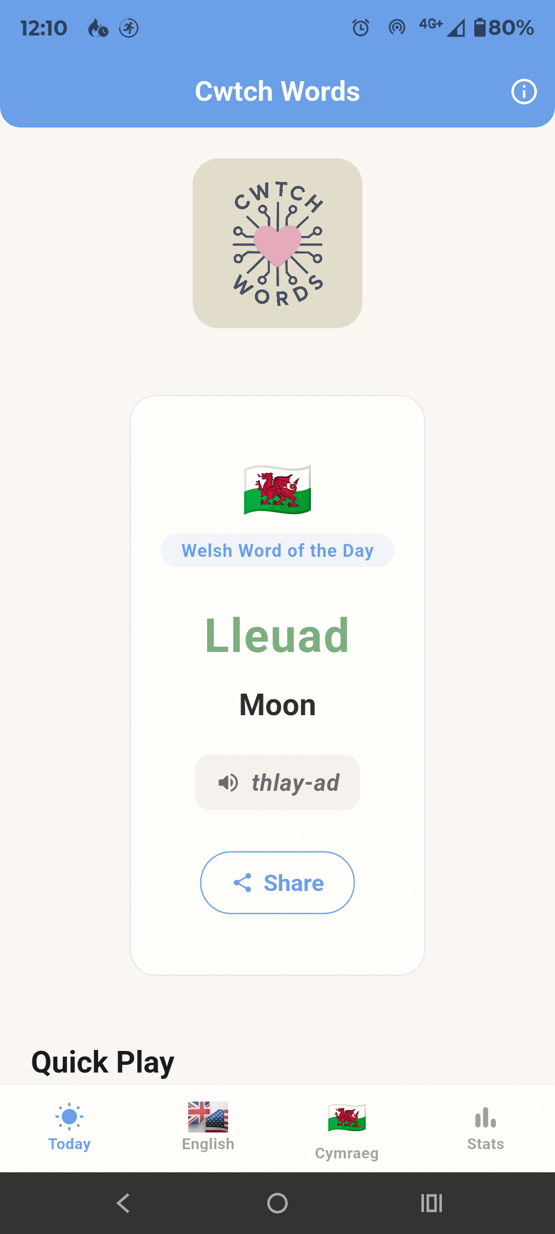 Cwtch Words app home screen